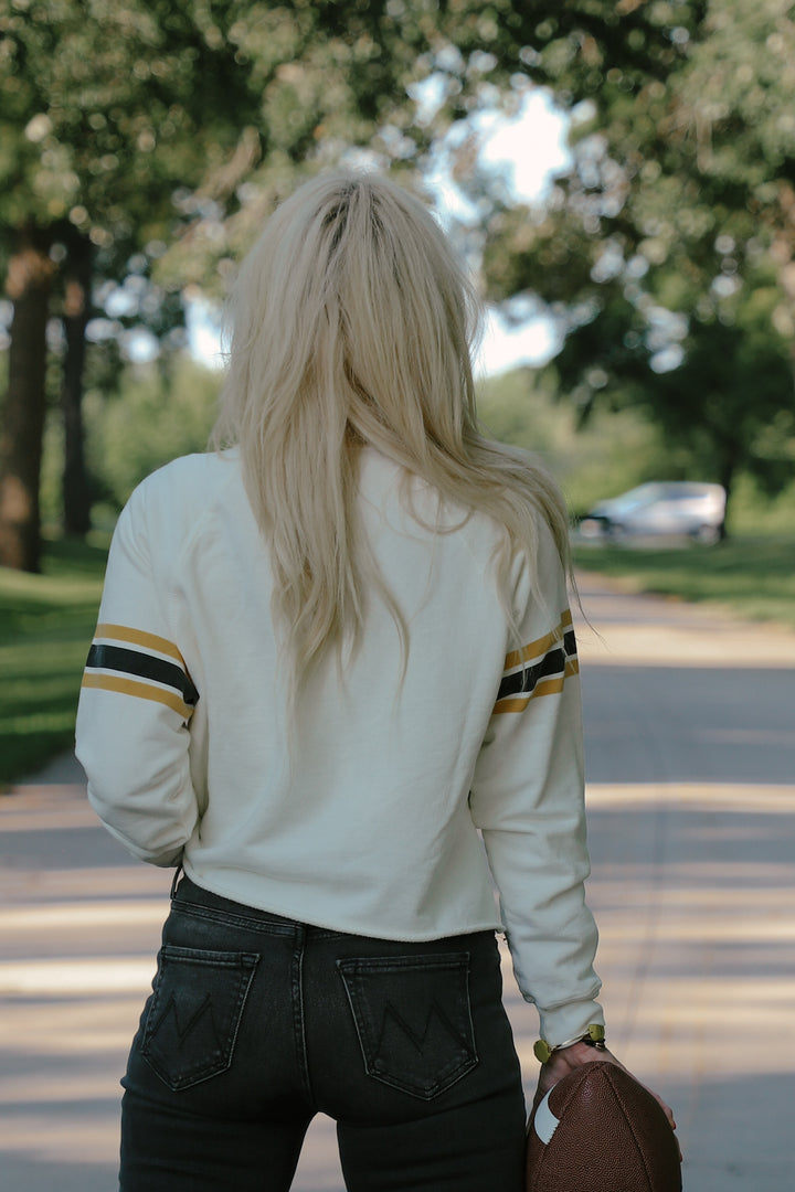 Iowa Cut-Hem Stripe Sleeve Sweatshirt in Antique White (BL932-BLIWA2196A-AWH)