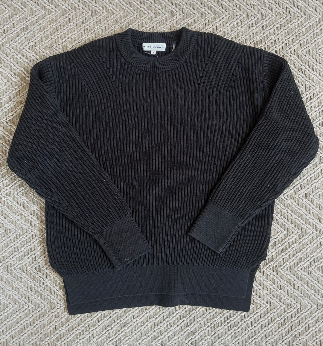 WHITE & WARREN - Core Spun Cotton Ribbed Crewneck in Black