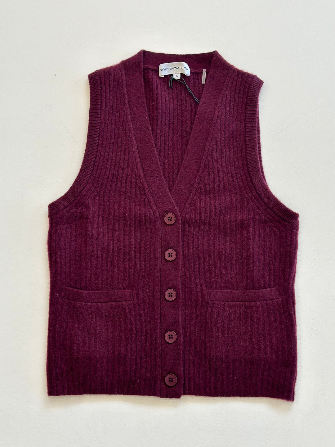White + Warren - Cashmere Ribbed Button Vest in Sangria