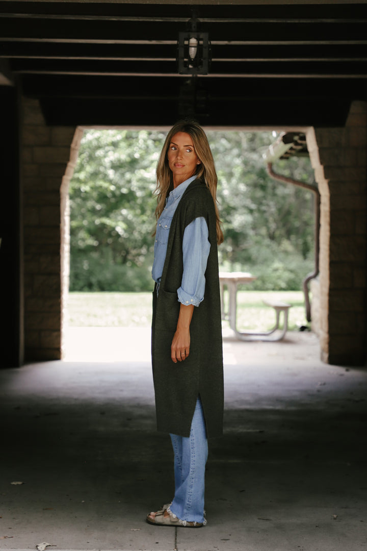 Tenlea Hunter - Long Open Cashmere Duster Cardigan in Thyme Heather