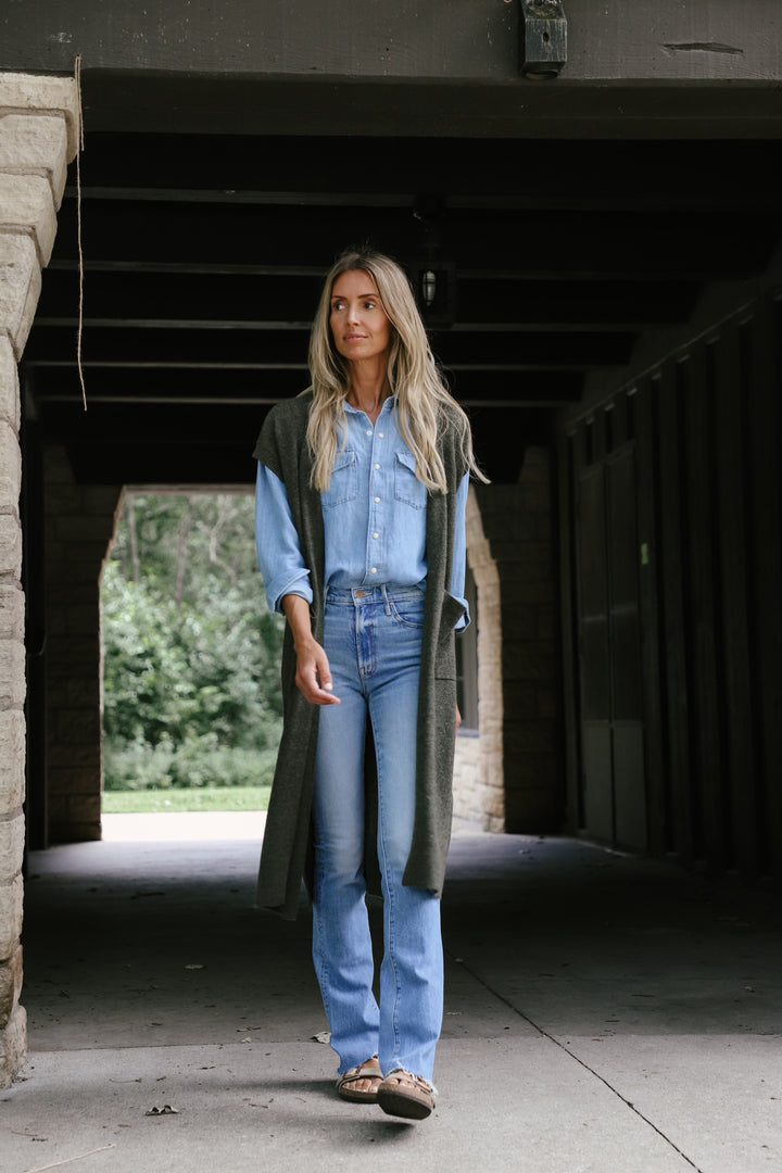 Tenlea Hunter - Long Open Cashmere Duster Cardigan in Thyme Heather