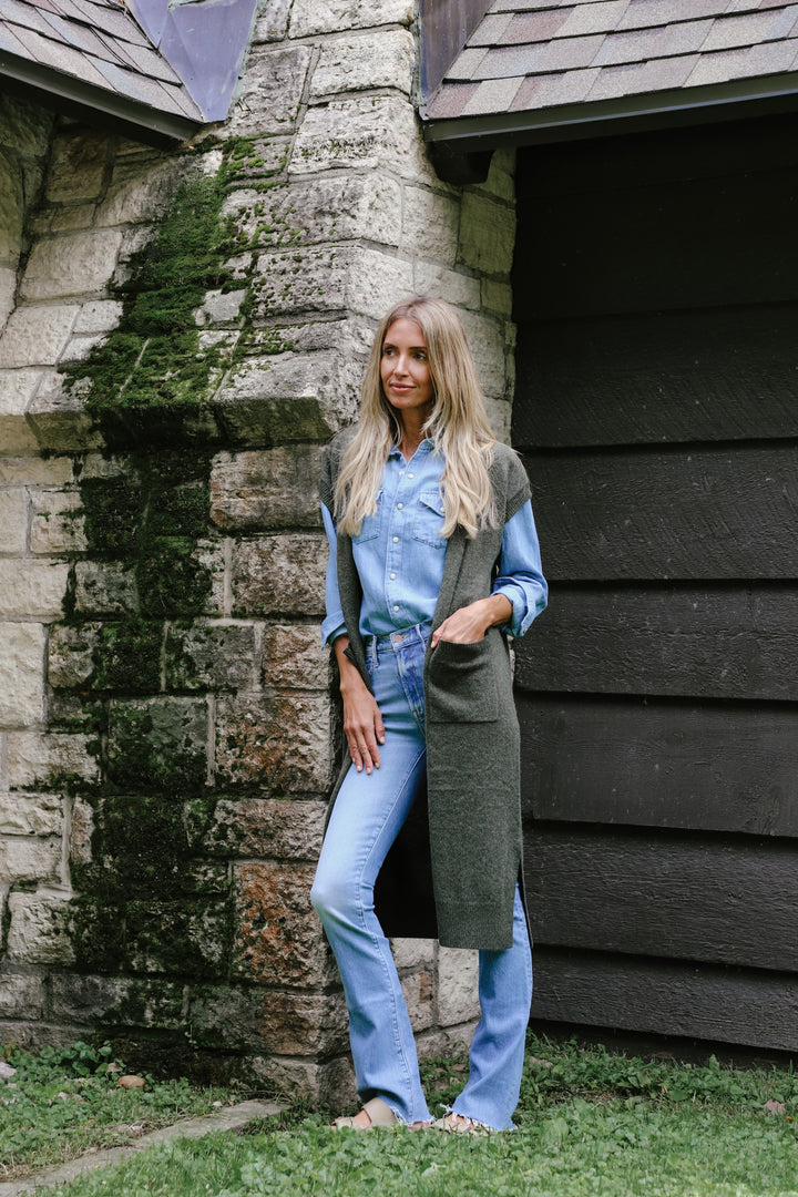 Tenlea Hunter - Long Open Cashmere Duster Cardigan in Thyme Heather