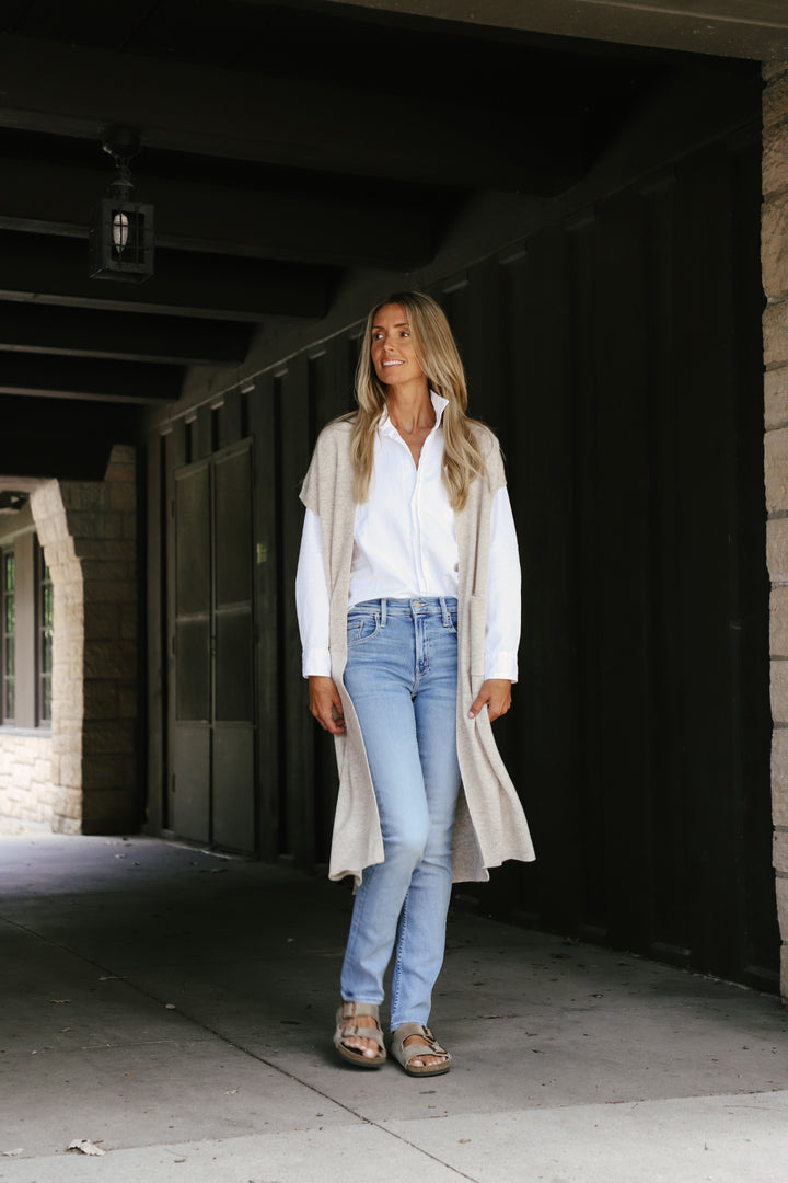 Tenlea Hunter - Long Open Cashmere Duster Cardigan in Sandwisp Heather