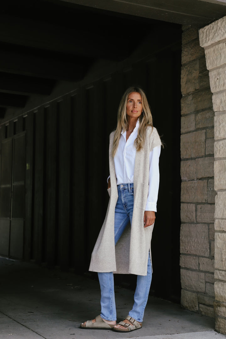 Tenlea Hunter - Long Open Cashmere Duster Cardigan in Sandwisp Heather