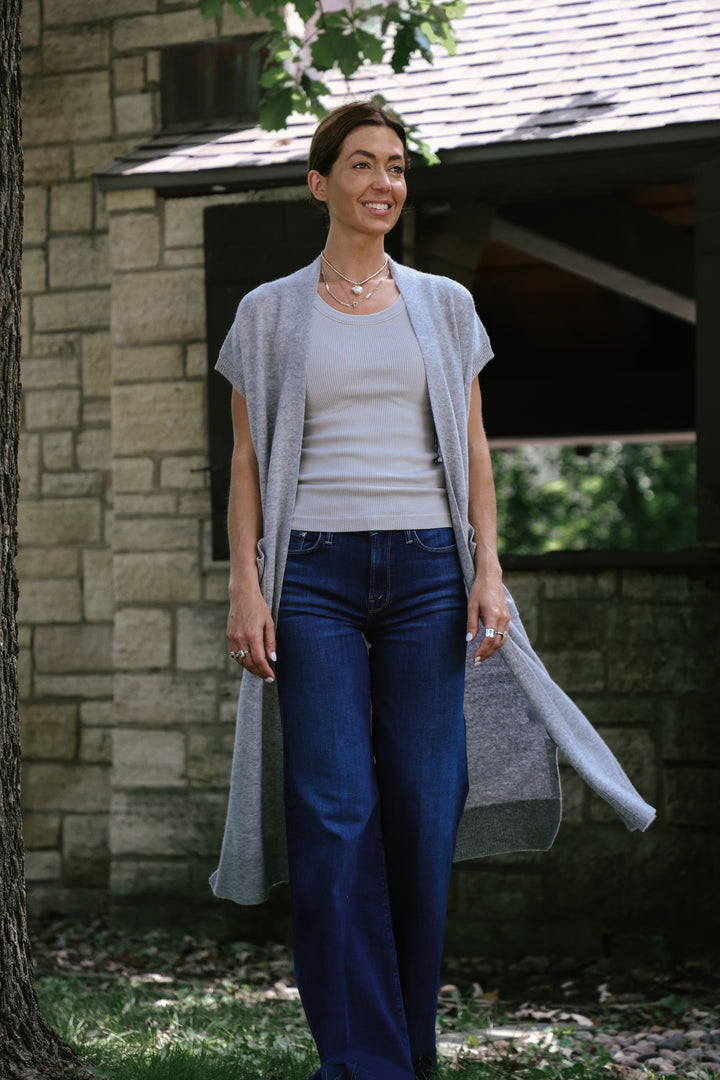 Tenlea Hunter - Long Open Cashmere Duster Cardigan in Grey Heather