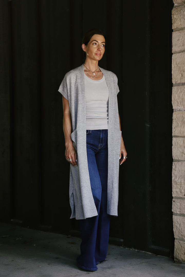 Tenlea Hunter - Long Open Cashmere Duster Cardigan in Grey Heather