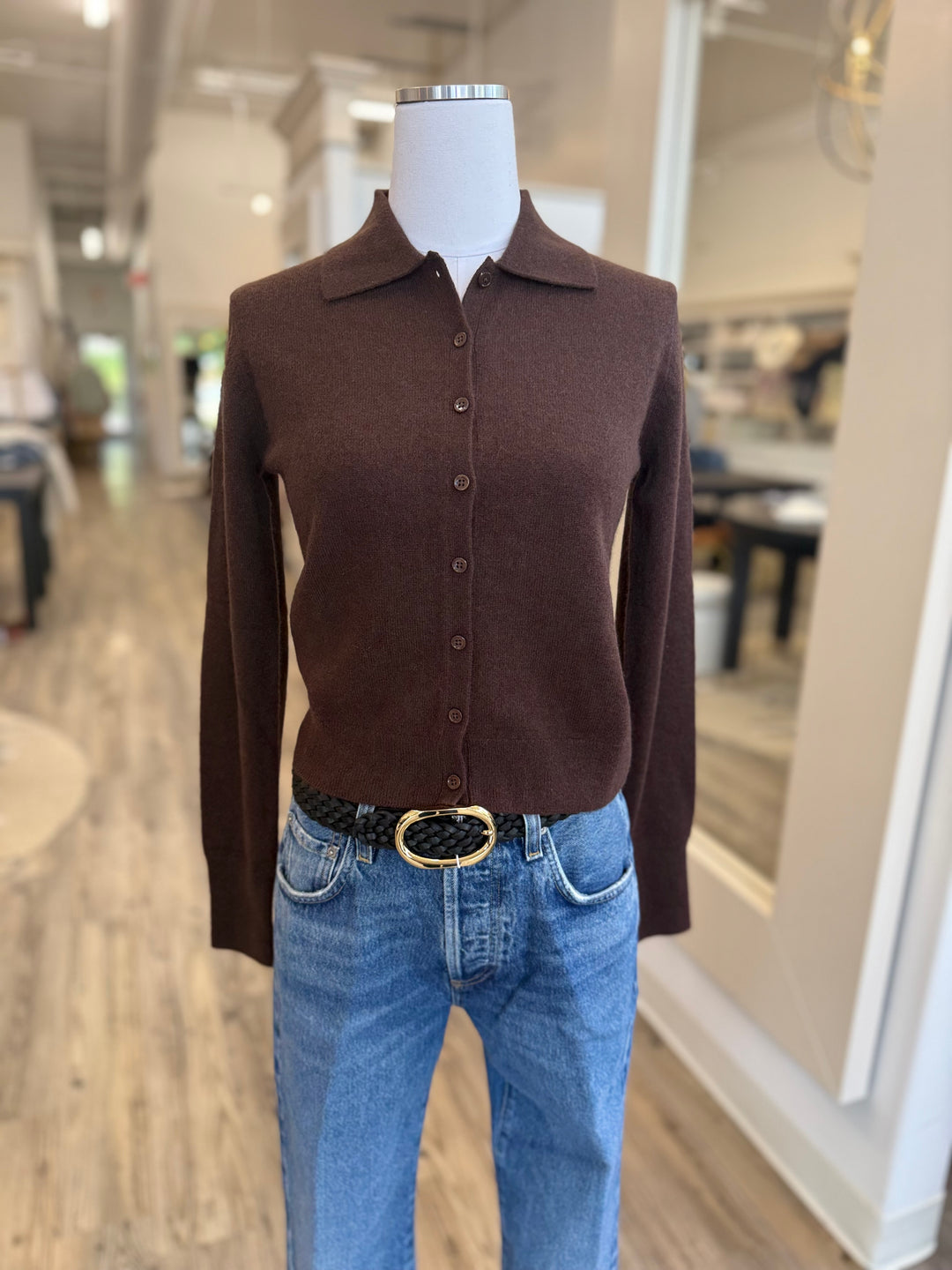 WHITE & WARREN - Cashmere Collared Cardigan in Coffee Bean Sweaters