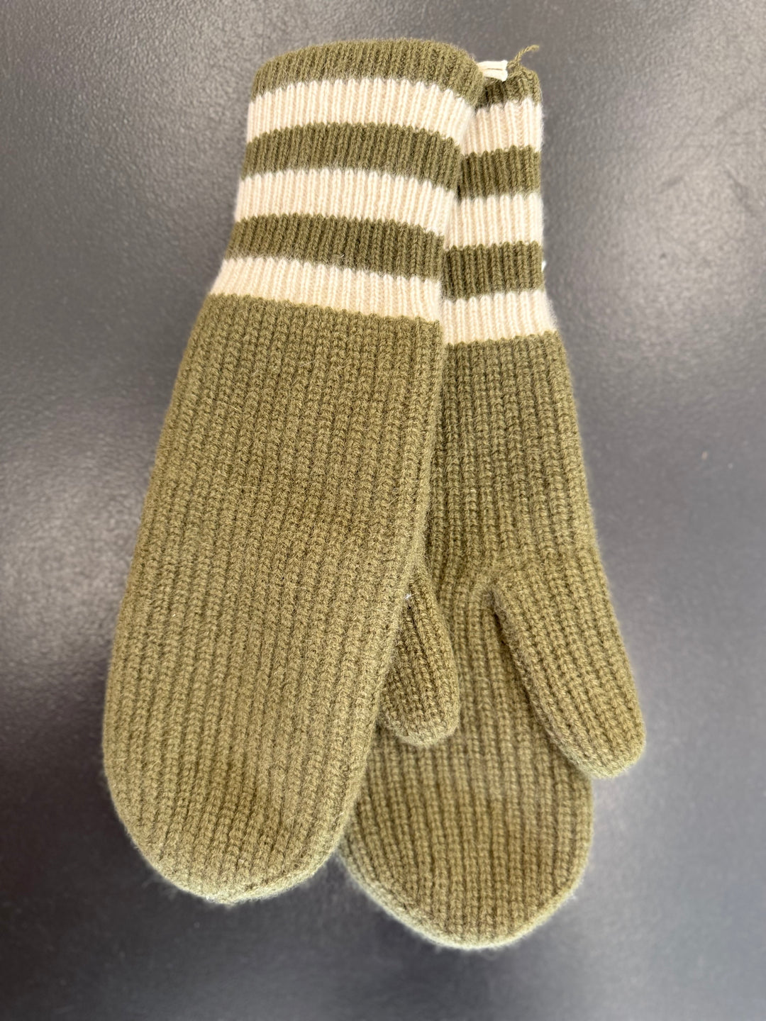 WHITE & WARREN - Cashmere Striped Mittens in Deep Olive Natural Heather Gloves