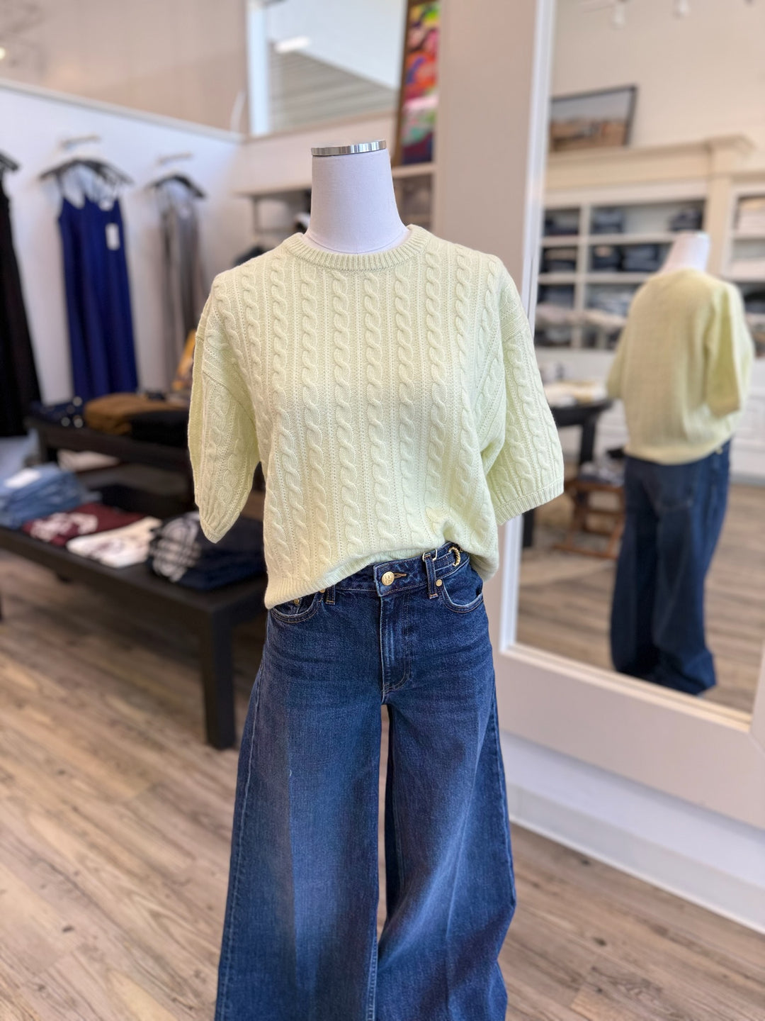 WHITE & WARREN - Cashmere Cable Short Sleeve in Pale Pistachio Top