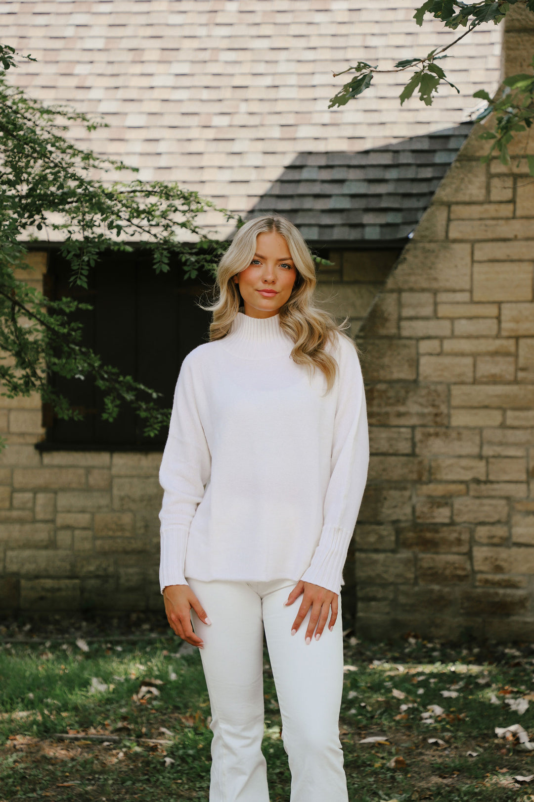 Tenlea Hunter - Cashmere Dolman Stand Neck Sweater in Soft White