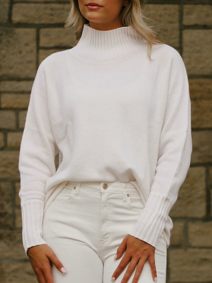 Tenlea Hunter - Cashmere Dolman Stand Neck Sweater in Soft White