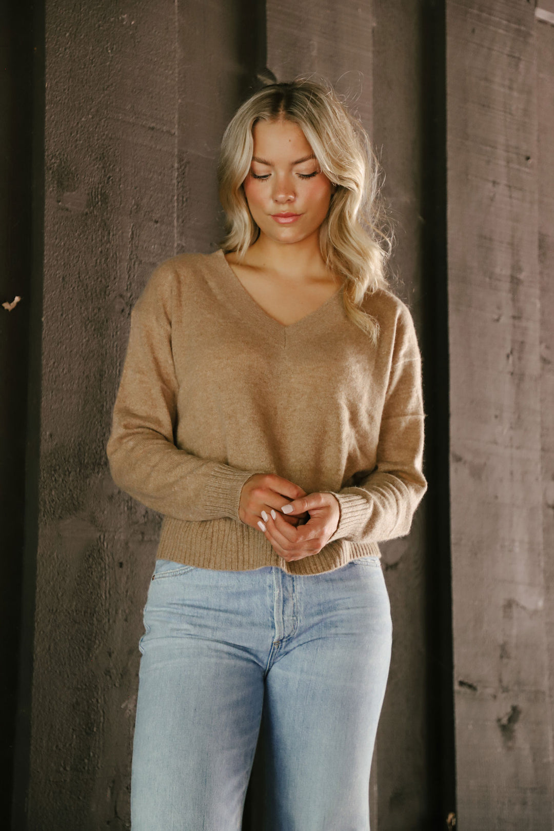 Tenlea Hunter - Cashmere Perfect V-Neck Sweater in Camel Heather