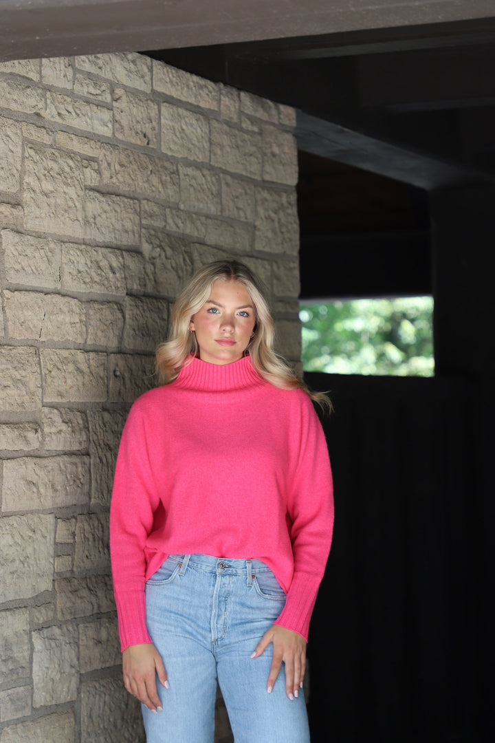 Tenlea Hunter - Cashmere Dolman Stand Neck Sweater in Bright Rose