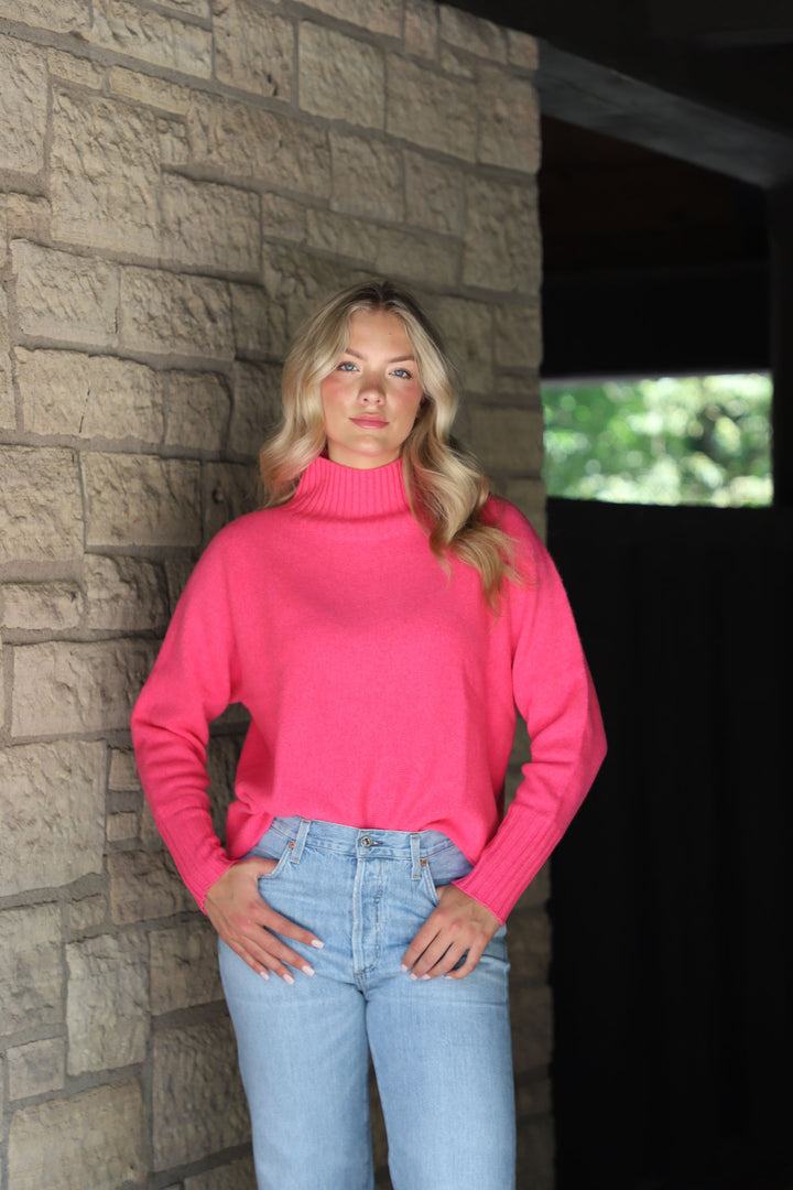 Tenlea Hunter - Cashmere Dolman Stand Neck Sweater in Bright Rose