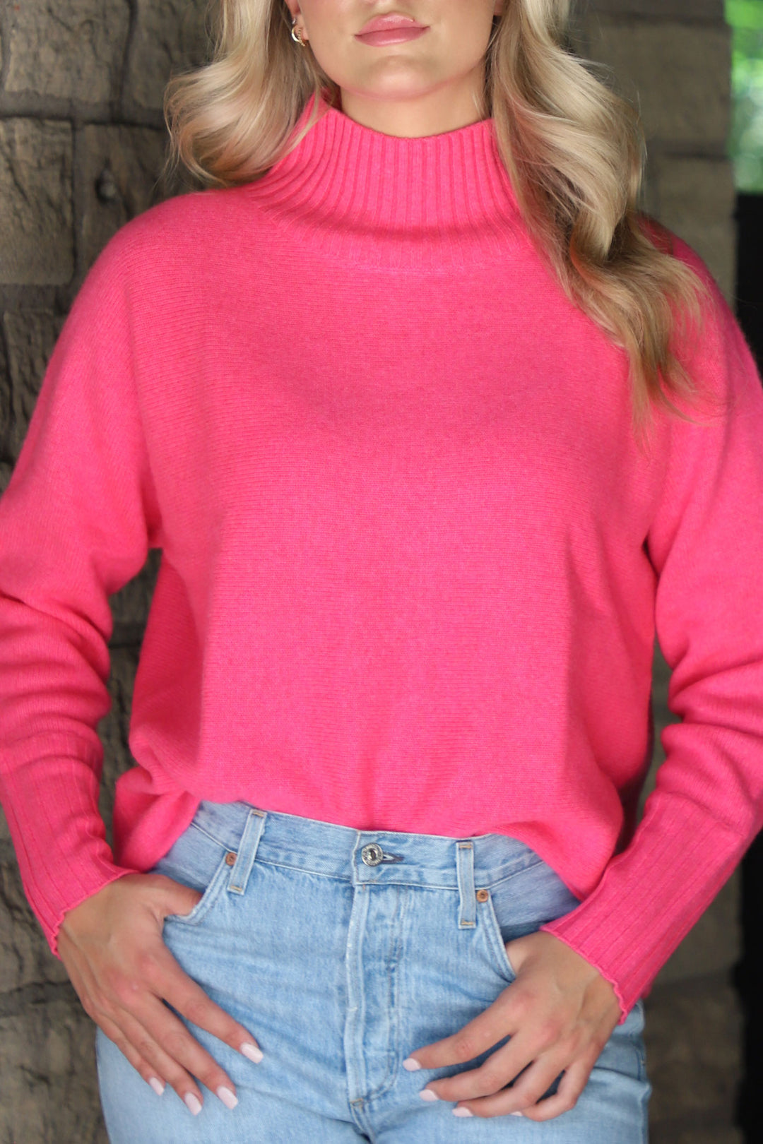Tenlea Hunter - Cashmere Dolman Stand Neck Sweater in Bright Rose