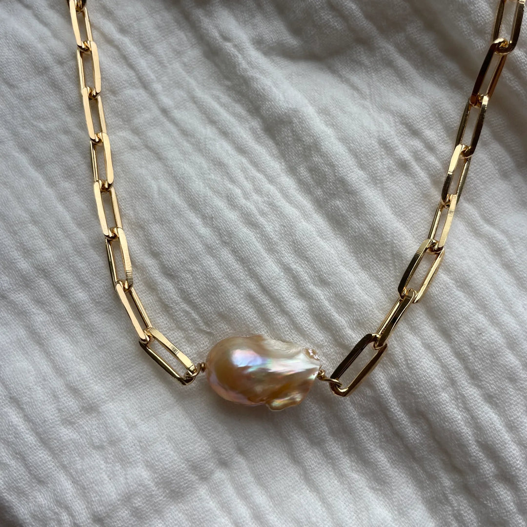 Joy Dravecky - Peach Baroque Pearl and Paperclip Necklace
