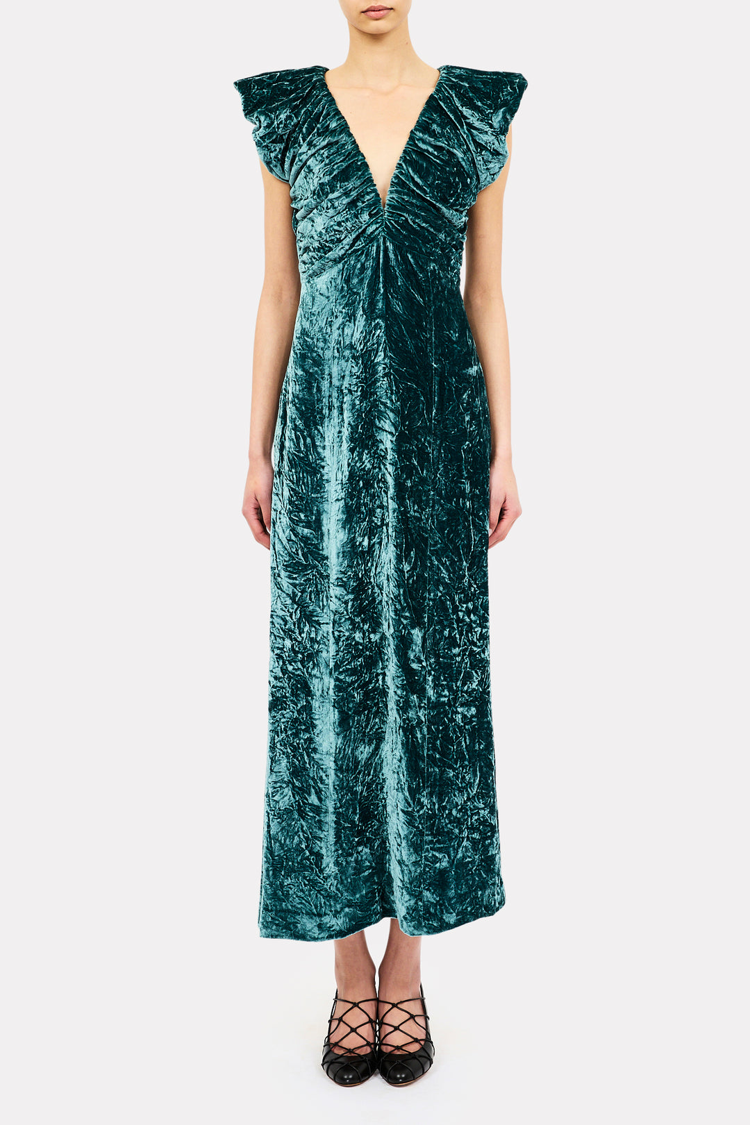 ULLA JOHNSON - Astra V-Neck Velvet Dress in JADEITE DRESS