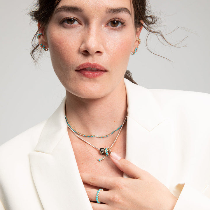 Adina - Graduated Turquoise + Diamond Curve Necklace in Y14k