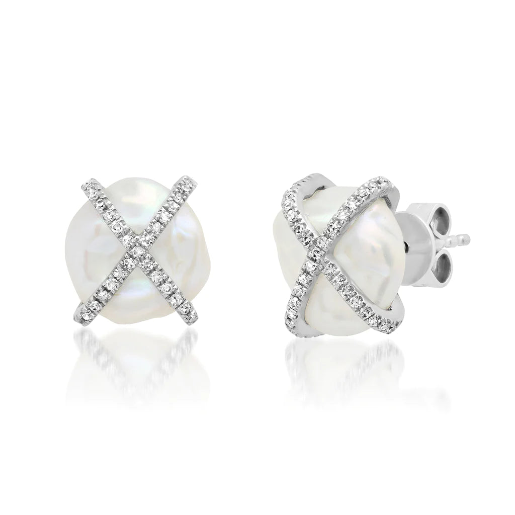 Samira 13 - White Keshi Pearl Pave Diamond X Caged Stud Earrings in 14K White Gold