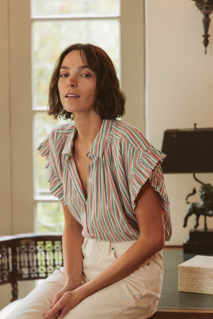 Trovata - Marianne "B" Ruffle Sleeve Shirt in Honeysuckle Stripe