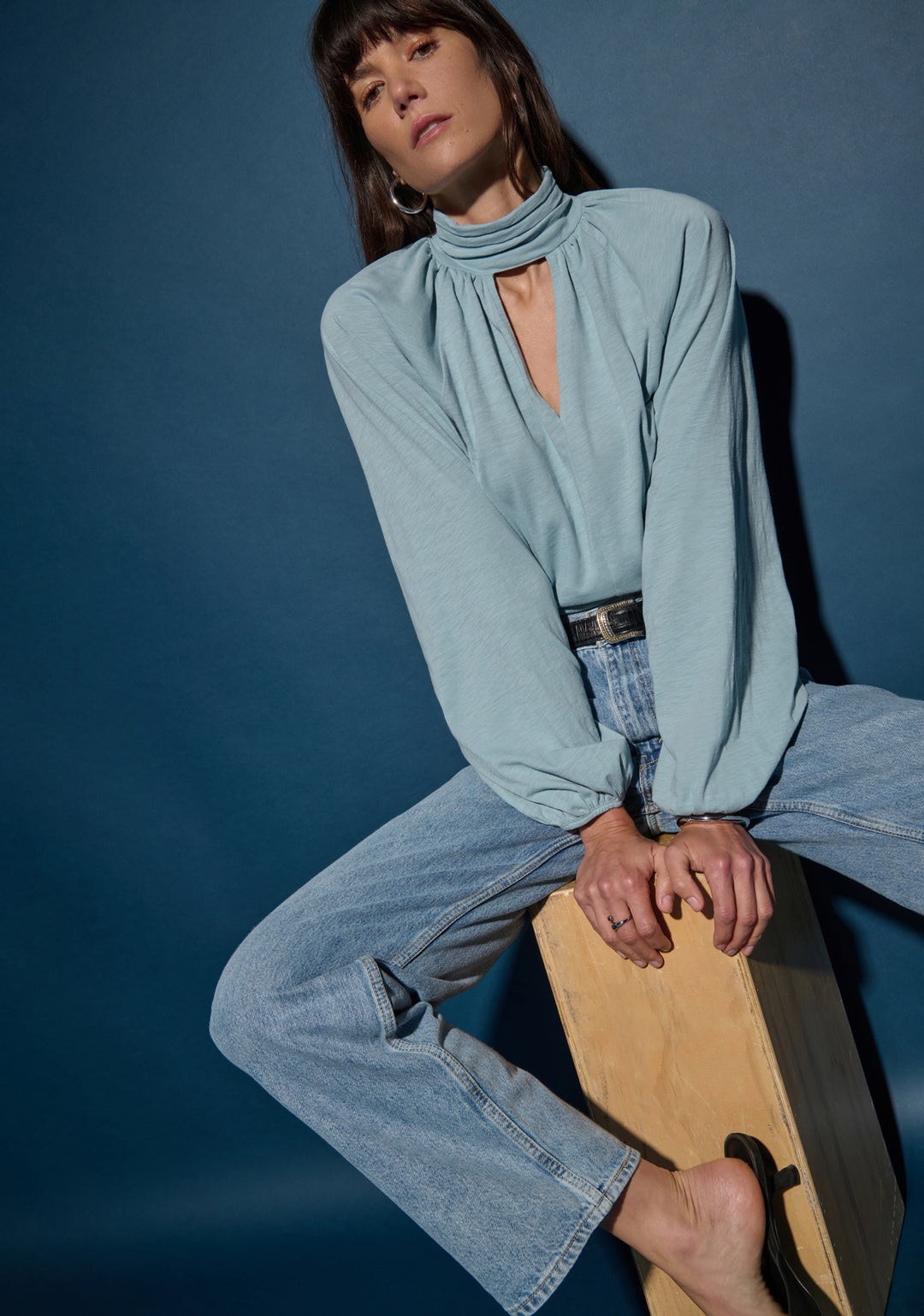 Nation LTD - Rosalie Keyhole Blouse in Sea Frost