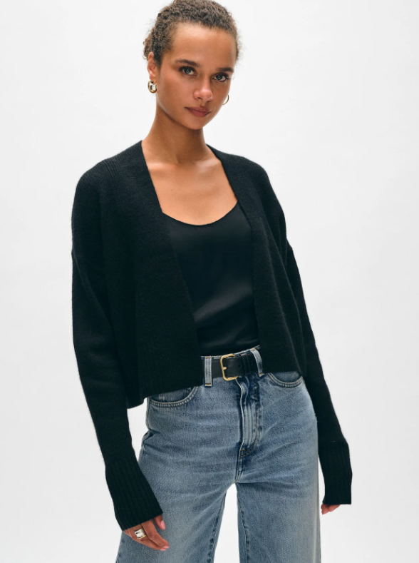 White + Warren - Cashmere Featherweight Open Cardigan in Black
