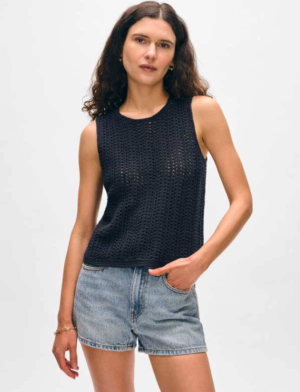 White + Warren - Lofty Cotton Crochet Sleeveless Tank in Deep Navy Sweater Vest