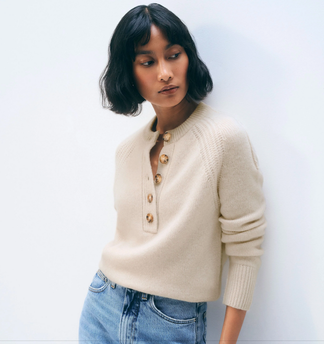 White + Warren - Cashmere Luxe Henley in Natural Heather
