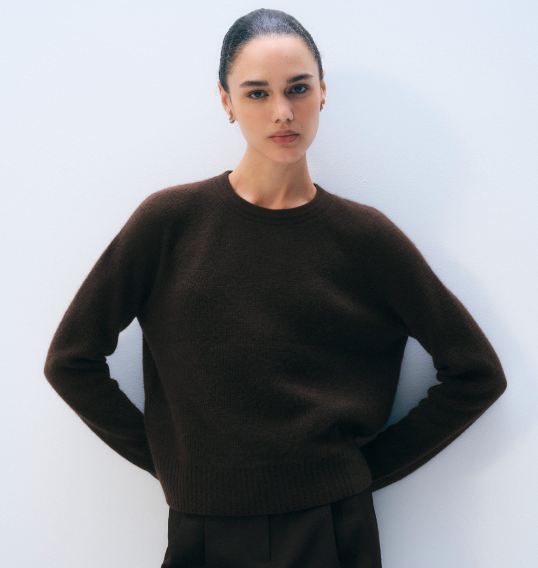 White + Warren - Cashmere Waffle Sweatshirt in Dark Umber