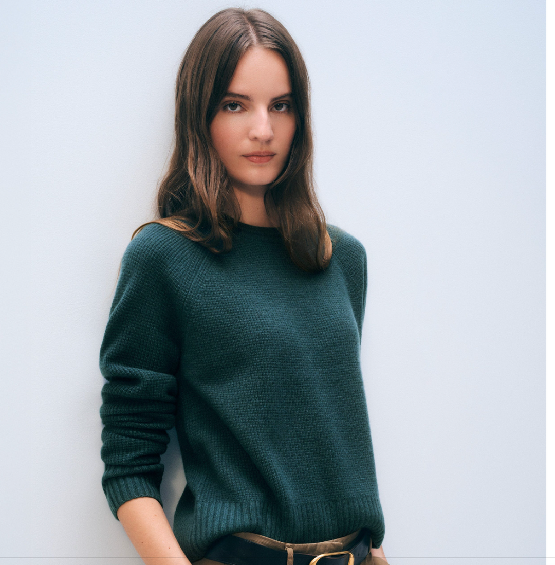 White + Warren - Cashmere Waffle Sweatshirt in Juniper Green Clothing - Sweaters