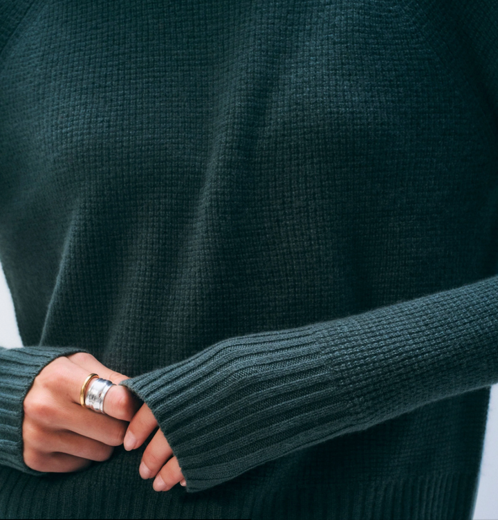 White + Warren - Cashmere Waffle Sweatshirt in Juniper Green Clothing - Sweaters