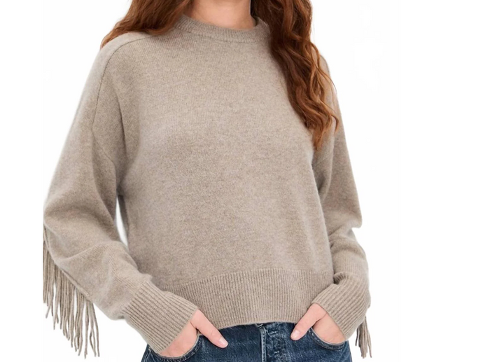 White + Warren - Cashmere Blend Luxe Fringe Crew in Misty Brown