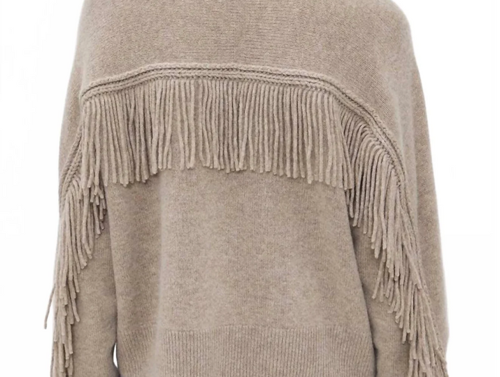 White + Warren - Cashmere Blend Luxe Fringe Crew in Misty Brown