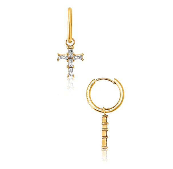 ELLIE VAIL - Taran Baguette Cross Huggie Hoop Earring in Gold Jewelry