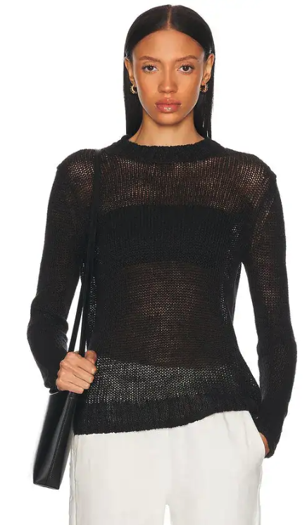 ENZA COSTA - Linen Open Knit Crewneck in Black Sweaters