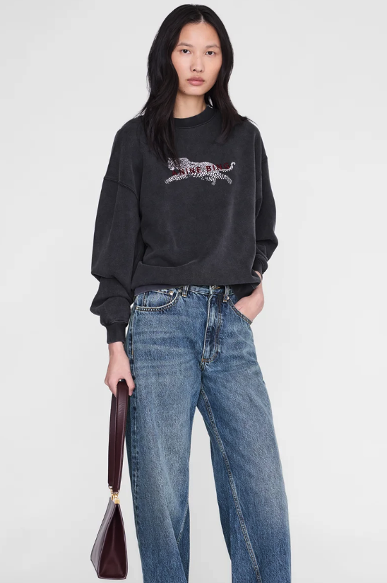Anine Bing - Spencer Sweatshirt Leopard in Washed Black Graphic Sweatshirts