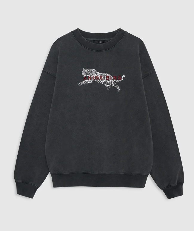 Anine Bing - Spencer Sweatshirt Leopard in Washed Black Graphic Sweatshirts