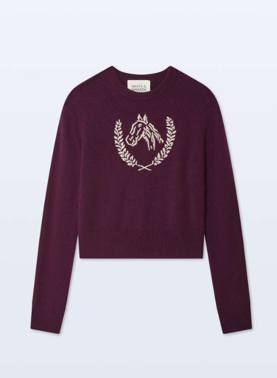 WHITE & WARREN - Cashmere Blend Horse Embroidered Crew in Oxblood Sweaters