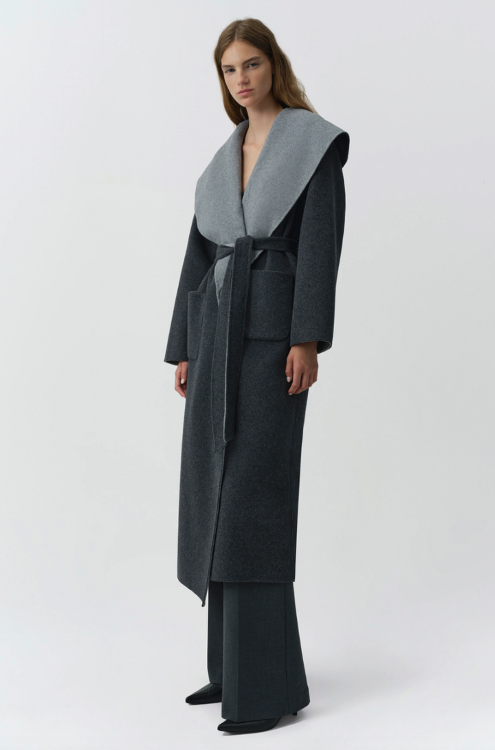 SIMKHAI - Allura Reversible Belted Coat in Charcoal Coats & Jackets