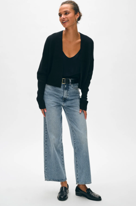 White + Warren - Cashmere Featherweight Open Cardigan in Black