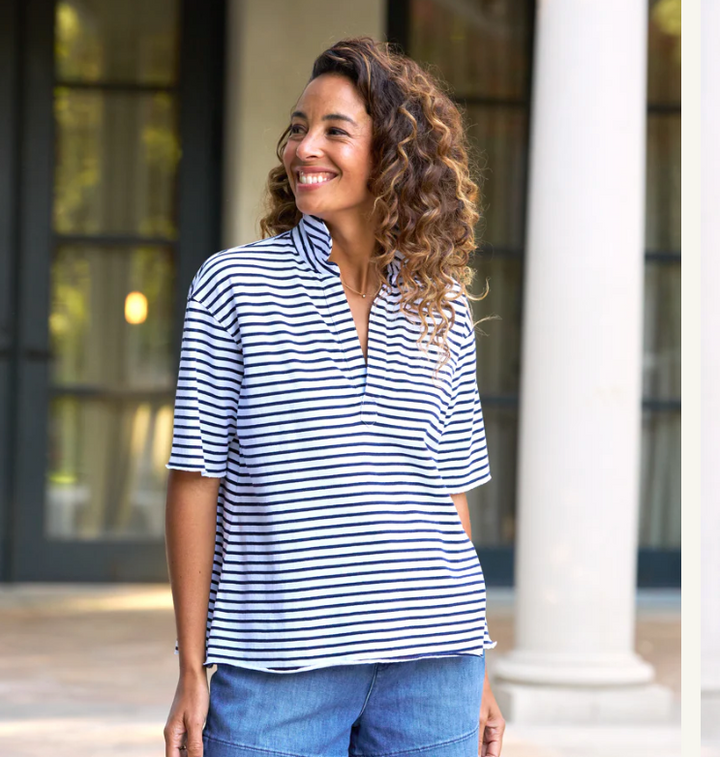 Frank & Eileen - Patty Popover Henley in White British Royal Navy Stripe