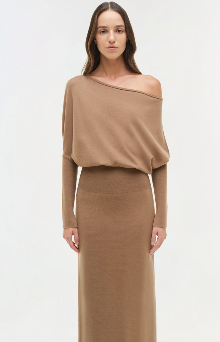 SIMKHAI - Janese Off Shoulder Midi Dress in Camel