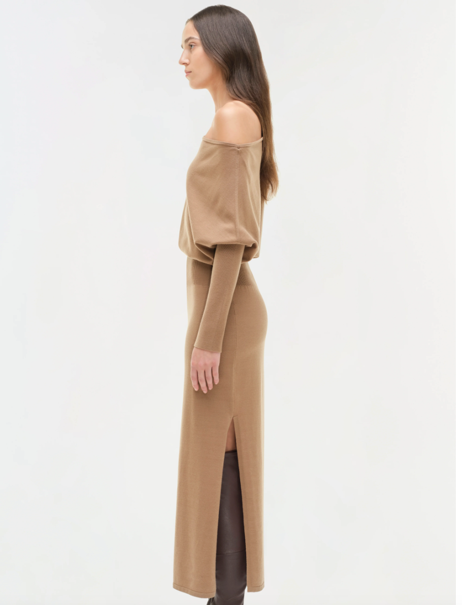 SIMKHAI - Janese Off Shoulder Midi Dress in Camel