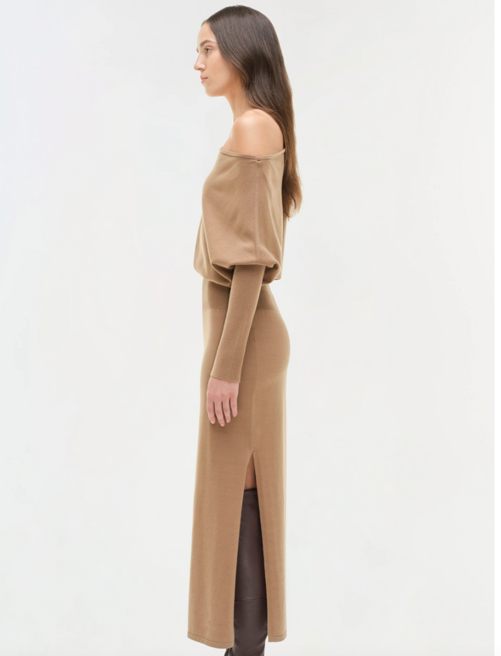 SIMKHAI - Janese Off Shoulder Midi Dress in Camel