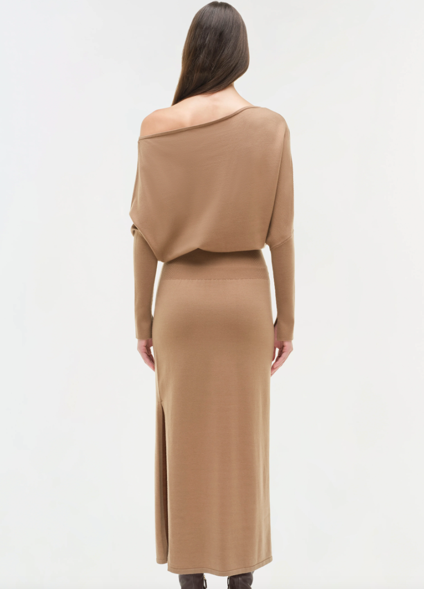 SIMKHAI - Janese Off Shoulder Midi Dress in Camel