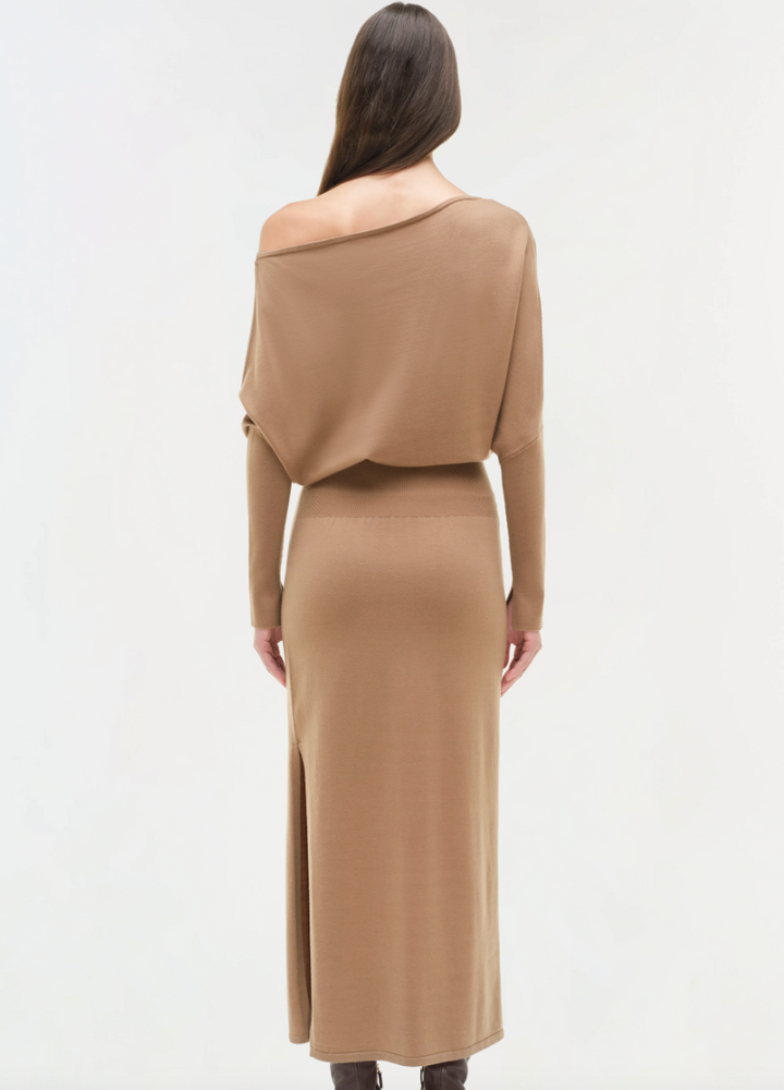 SIMKHAI - Janese Off Shoulder Midi Dress in Camel