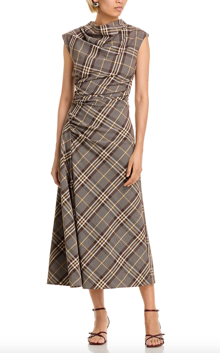 Simkhai - Burke Draped Midi Dress in Chocolate Plaid