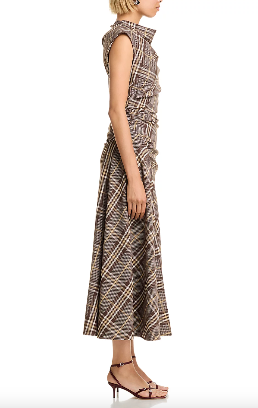 Simkhai - Burke Draped Midi Dress in Chocolate Plaid
