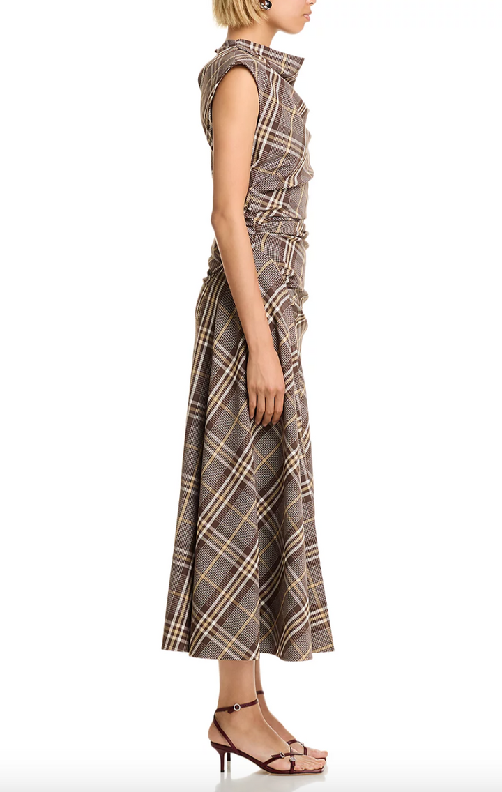Simkhai - Burke Draped Midi Dress in Chocolate Plaid