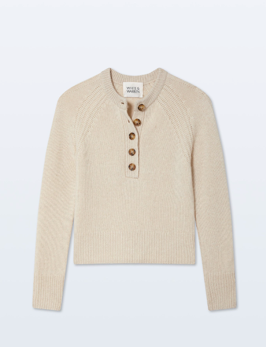 White + Warren - Cashmere Luxe Henley in Natural Heather